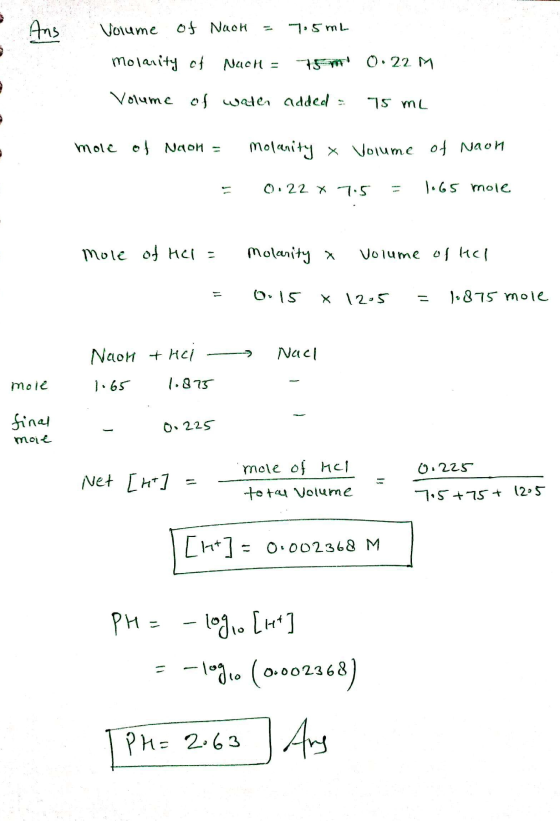 - Ans Volume of Nuch = 1.5mL 0.22 M molarity of Nach = 75m Volume of water added = 15 mL mole of Naon = molanity & Volume of