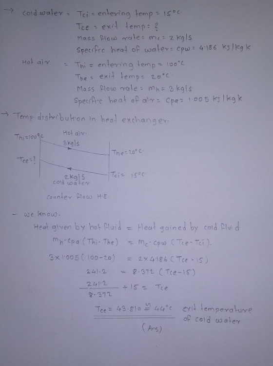 - cold water Tei = entering temp = 15°c. Tee = exit temps ? Mass flow rate= me = 2 kgls Specific heat of water = cpw = 4.186