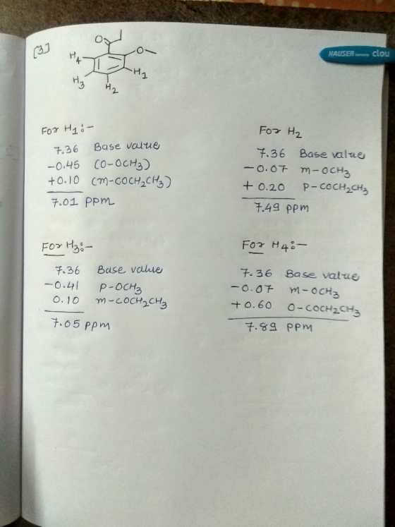 HAUSER clou 1. 2. For H2 36 Bq se value F.36 Base value -0-46 Co-0cHa +0.20 p-co CH2CH う 7.01. PPn_ 49 ppm Fox H F.36 -0.41 B
