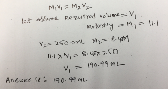let asume Rezutred volum-V toよ Mrtamty = MI = 11.1 V2 = 250.onし M,-g.yoM = 170.99 mL-