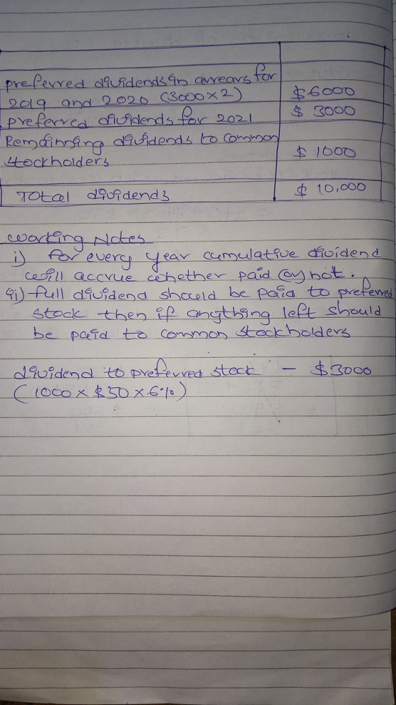 $ 6000 $ 3000 preferred dividends an arrears for 2019 and 2020 (3000x2) preferred dividends for 2021 - Remaining dividends to