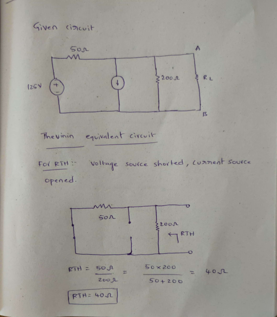 Given circuit sor 3200 125V The vinin equivalent circuit For RTH : voltage source shorted current source opened. son 200n GRT