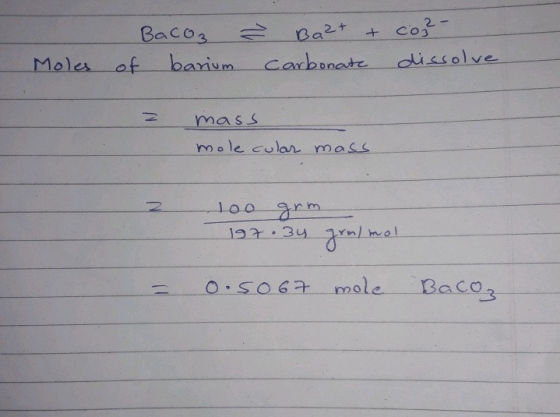 + Co Bacos Ba2t carbonate dissolve of barium Moles mass mole colar mass 100 2m 197 34 Yn/ mol O.S067 mole Bacos