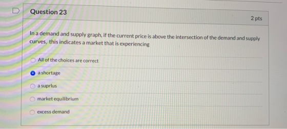 Question 23 2 pts In a demand and supply graph, if the current price is above the intersection of the demand and supply curve