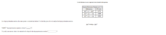 In a disproportionaliou reactou, the same pecies is oxidized audieduced Uee the data gaven above lo analyze the dispt reactiou. To jatif your answer what ia the strudnad cell volnge for the disproportiouationrenation? tandard Redacti Poteertial