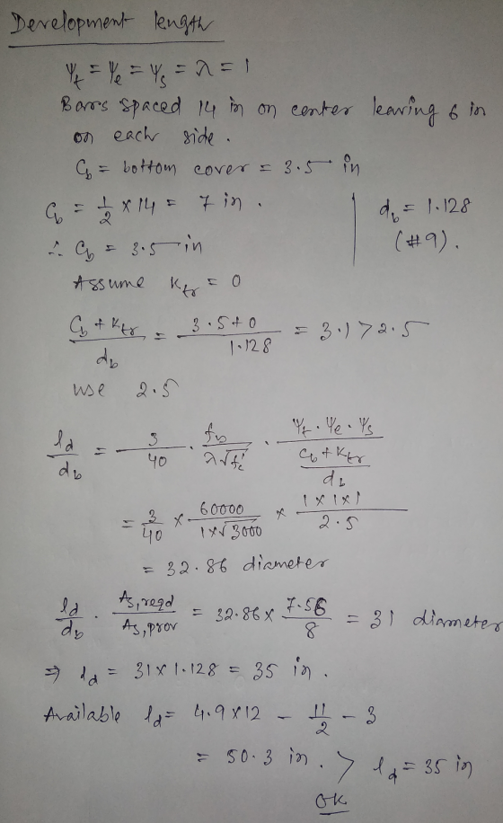 Development length Y t = Ye = Ys Borrs spaced 14 in on center leaving & in on each side. G = bottom cover = 3.5 in de = 1.128