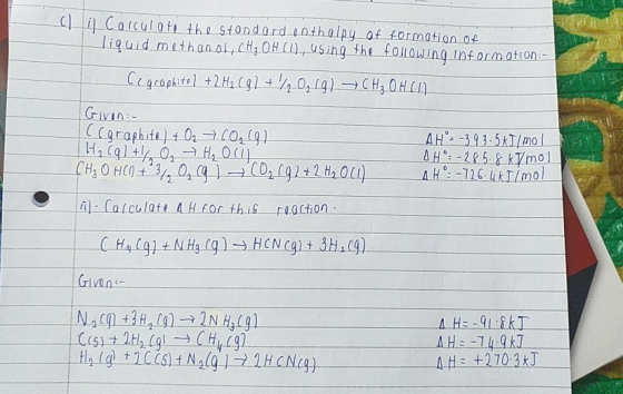 CL il Calculate the standard enthalpy of formation Of liquid methanol,CHOH C, using the following information :- Ce graphitel