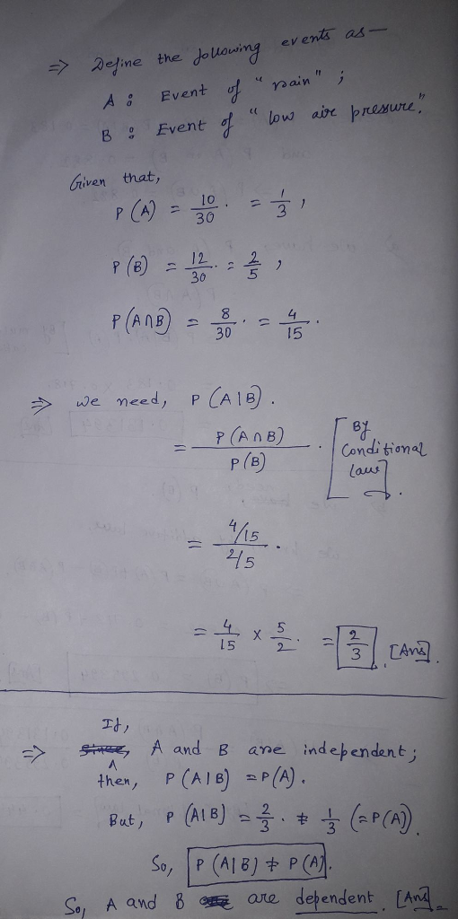 events. as A Fventain Griven that, 10 A) -30 30 5 歩we need, PCA 19). Condi tional P(B laus 15 5 노 x 5 자, > A and B ane indepe