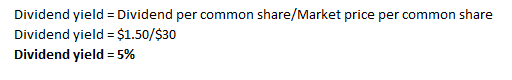Dividend yield = Dividend per common share/Market price per common share Dividend yield = $1.50/$30 Dividend yield = 5%