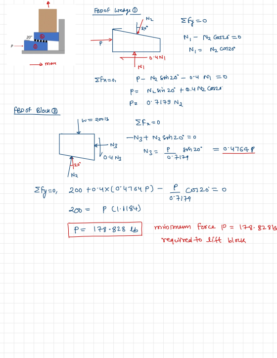 + FBD of wedge N2 Efyzo 12 20° Ni N2 Gas 20 =0 р Na N2 Co20° 0:4NI move ni anco P- Nz sinzo - 0-4 N =0 pa Nzsin 20 to.un2 cos
