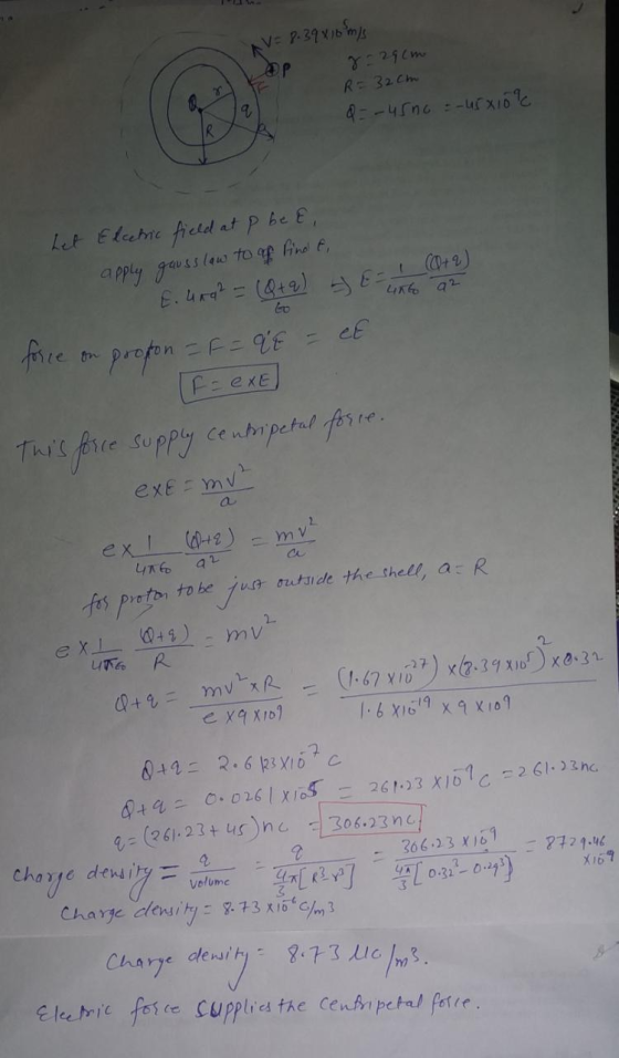 AP AV= 8.39 x 10 m/s 8=29cm R= 32cm Q=-4500 45x10% Let Electric field at p be e, (CD+9) apply gauss law to of final f, a a2 u