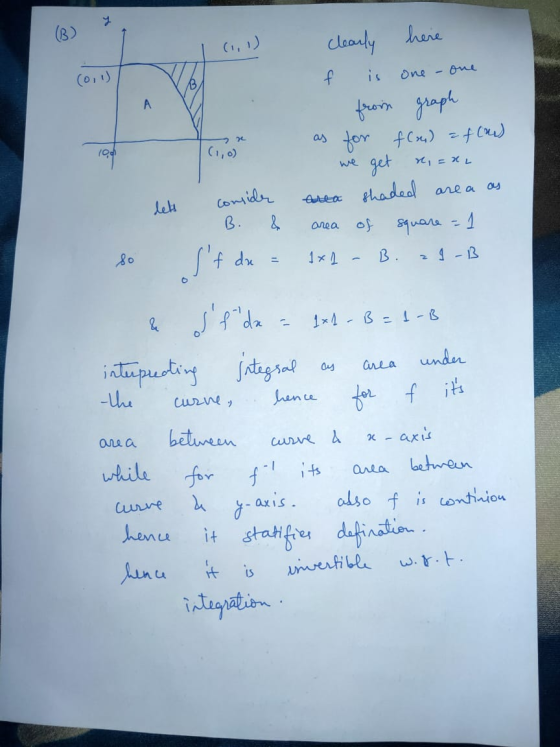 (B) clearly here (0, 1) is one - one А ze 1001 (1,0) we f from graph as for fle) = f(ou) get ni = RL area shaded are a of squ