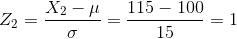 Z_2 = \frac{X_2 - \mu}{\sigma} = \frac{ 115 - 100}{ 15}= 1