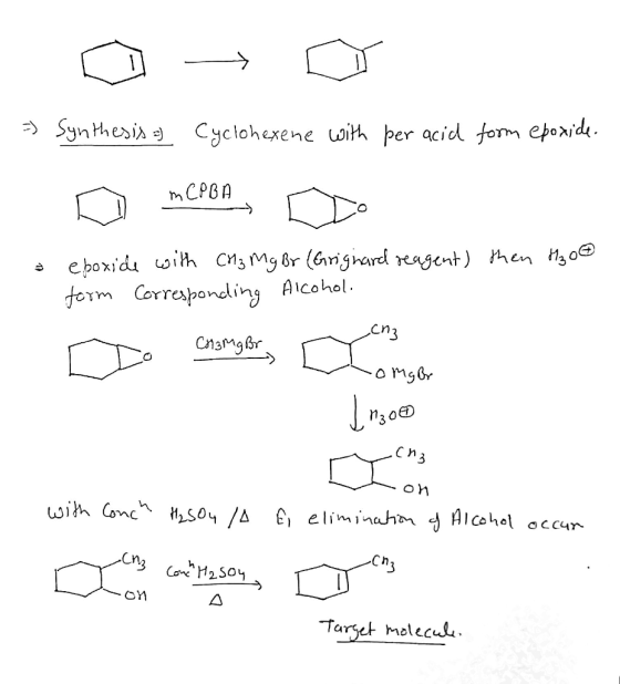 =) Synthesis a) Cyclohexene with per acid form epoxide. o mCPOA, Io a epoxide with CM3 Mg Br (Grignard reagent) then H₂0€ for