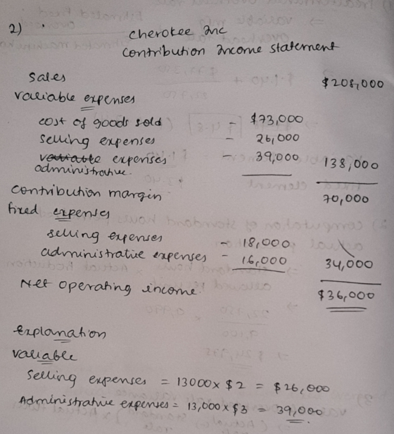 2) Om Cherokee anc contribution Income statement 26,000 sales 0 208 $206,000 variable expenses $73,000 cost of goods sold sel