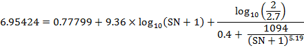 6.95424 = 0.77799 + 9.36 x log10 (SN + 1) +- log10 (2) 1094 0.4 + (SN + 1) 5.19