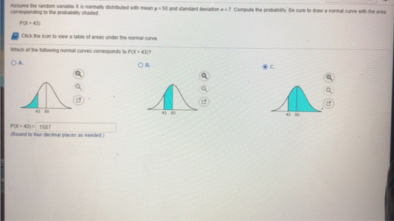 Assume the random variable X is normally distributed with mean w = 50 and standard deviation a = 7 Compute the probability. B