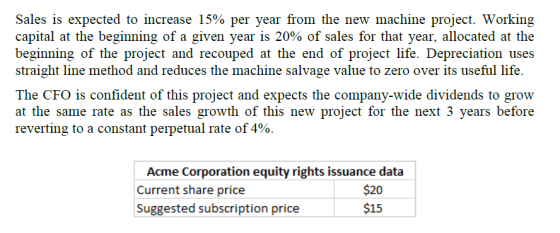 Sales is expected to increase 15% per year from the new machine project. Working capital at the beginning of a given year is