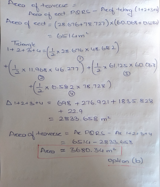 Aceo traverse Acct tclorg (142424 Aceo of recct. P0 RC- Ateo o cect= (28.676+78.727) x(60.068+ oc8) ea Trciongk 1+2+3+ ) x 28