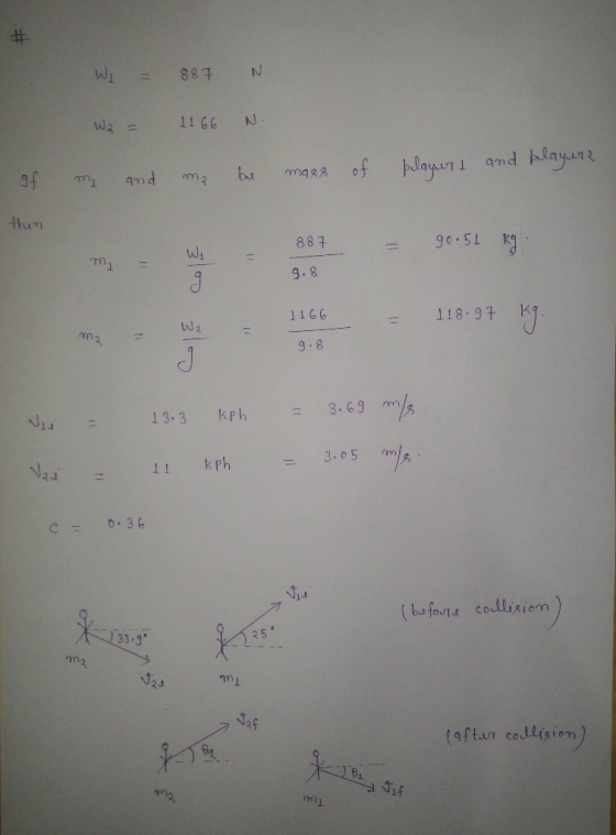 wi 887 N Wa = 11 66 gf and bu ma mass of players and playura mi thin 887 90.51 kg Wi cole 9.8 1 1 66 118.97 kg 9.8 13.3 kph 3