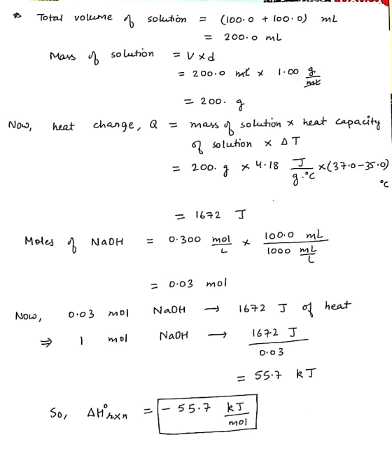 ULUI. * Total volume o solution = (100.0 + 100:o) mL = 200.0 ml Mass of solution = v*d = 200.0 ml x 1.00 g Now, heat change,