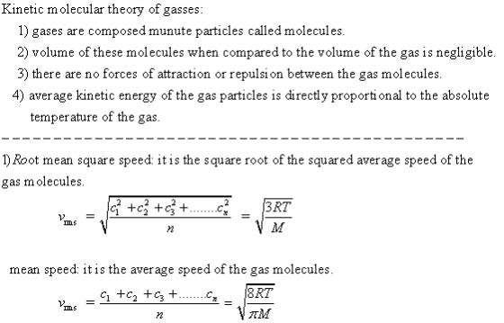 Kinetic molecular theory of gasses: 1) gases are composed munute particles called molecules 2) volume of these molecules when