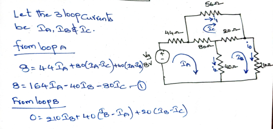 56- Let the loop Currents be IA, IB&IC. from loopa Ал- 80- g: +42, +все не(» дея 8- 164 Te-koto--0 from loop O: 940Jor+0 кофе