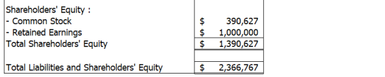 Shareholders Equity : |- Common Stock - Retained Earnings Total Shareholders Equity $ $ $ 390,627 1,000,000 1,390,627 Total