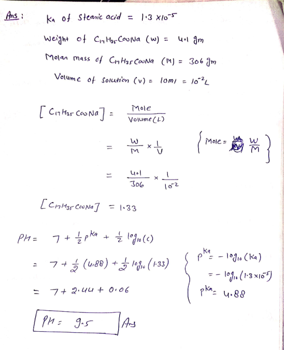 Ans i ka of Stearic acid = 113 x10-5 weight of Cin Has Couiva (w) = 401 9m Molar mass of Cintas Cuna (12) = 306 gm Volume of