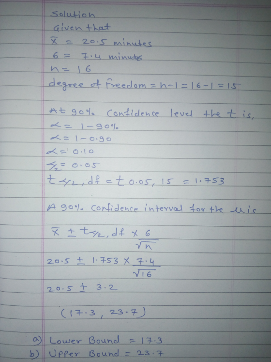 Solutioh 2o.S minudes 6三 1.4 minutes - 16 At 9l Condidence level the t ic 2 | A go), Confidence Intevval tor tle c Vn 20.S +