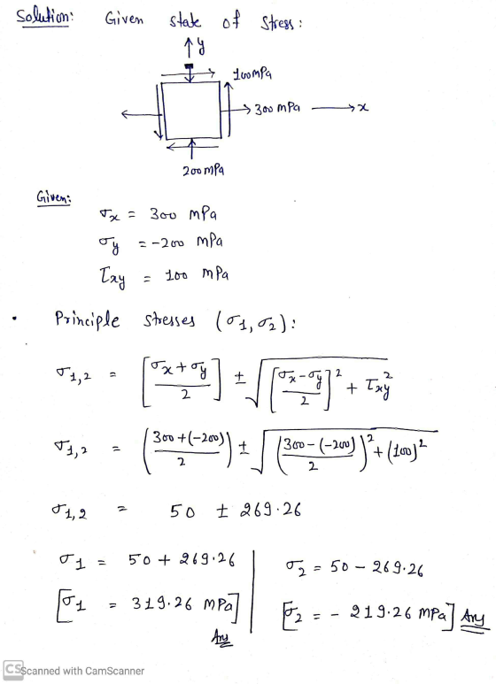 solution: Given state of Stress: 14 Loompa 300 mpa 200 mpa Giveni Tx= 300 mpa =-200 mpa Ty Tay 100 mpa Principle stresses (01