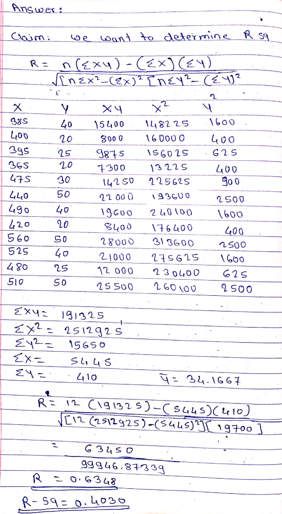 Answer: Claim: we want to determine R sg R- nexu)-(Ex) (E4) √ [nex²_(8x)² Iney? ({ 4² x X4 2 4 1600 15400 Y 40 20 25 20 385 4