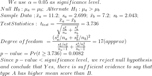 We use a = 0.05 as significance level. Null Ho: Ma = ub; Alternate H1 : Ha > Ho Sample Data ; la = 11.2;_sa = 2.699; Ob = 7.2