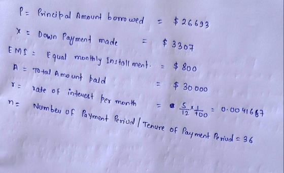 P= Principal Amount borrowed $ 26693 $ 3307 X= Down Payment made EMI = Equal monthly Install ment = $800 A = Total Amount bal