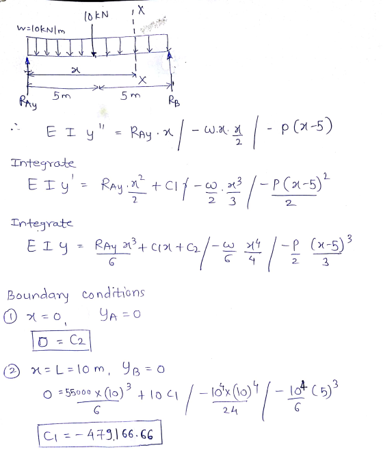 10KN 1X w loknim a >K 5m 5m RB 1 E I y Ray.a Y - W.21. - P(1-5) 2 Integrate E Iy 2 Rayin +c1f- W.243 / -P621-5)? 2 2 3 2 Int