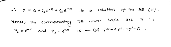 y = 4, +(22-7 + (3 e 5% is solution of the DE (2) basis whose are Vi=) Hence, the corresponding DE Y2 = e-> and is Y3 = e52 -