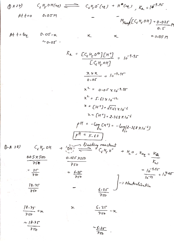 I 0127) CAG OH(aq) = Atto 0.05m Cho (4) + H ² (aq) , Ka=169.95 - Murde € 450H) = 0.025. m x x = .05 M OH) = 0.025 0.5 : At t=