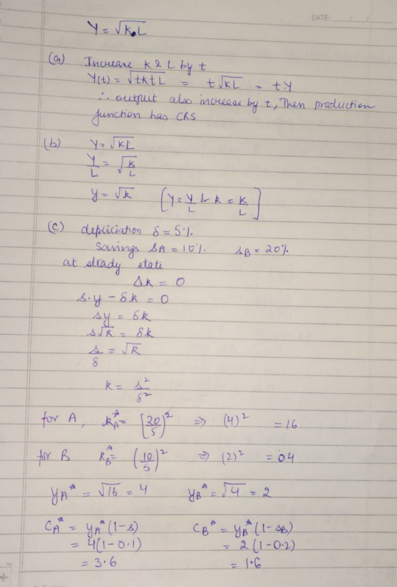 DATE Y = √kol Increase K & L by t Y(t) = v ktL = t J K L = t. y i output also increase by t, then junction has CRS Y J K L pr