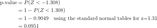 \begin{align*} \text{p-value}&=P(Z<-1.308)\\ &=1-P(Z<1.308)\\ &=1-0.9049\quad\text{using the standard normal tables for z=1.31}\\ &=0.0951 \end{align*}