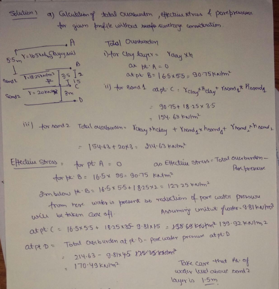 solution) r = 165kwim layey soil a) Calculation of total oucrburden effective stress & porepressure for giun profile without