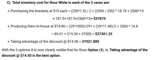 C) Total inventory cost for Ross White in each of the 3 cases are: Purchasing the brackets at $15 each = (250*1.5) / 2 + (250