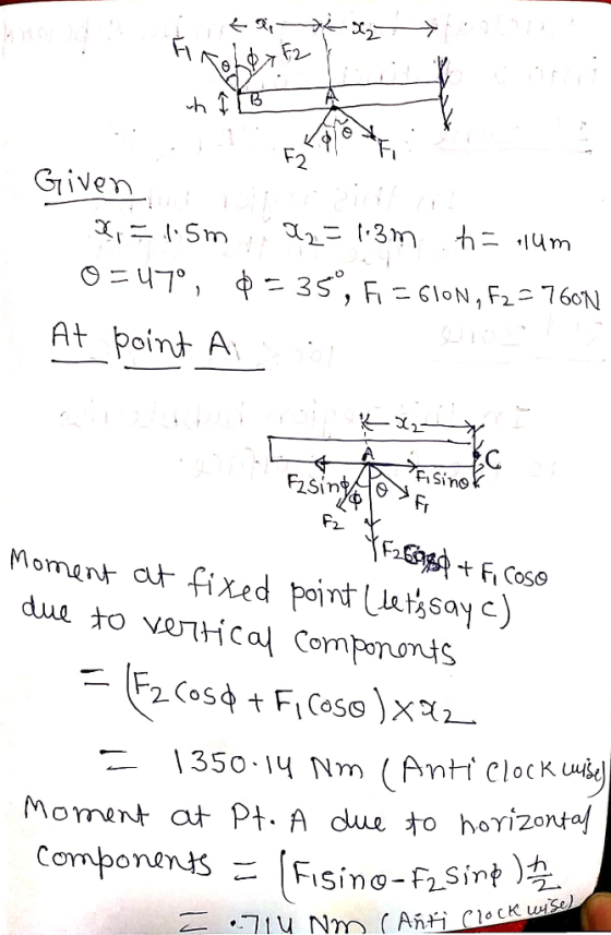 sie- zine E ROLE Given X=1.5m 82=1.3m harum 0347°, $ = 35º, Fi = 610N, F2 = 760N At point A isingolo se ensinot 4729996+ Fi C