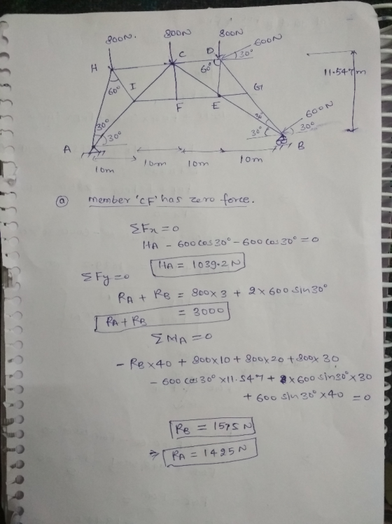 Goo C D 11-54 0m (st F E 6 3 t om (a) mero, bey c F, has ze ro force tla = 1039-2. Fa + RB # 800x 3 + 2x 600.sin 30°