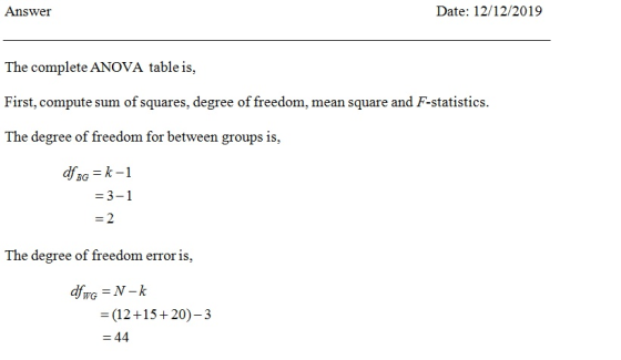 Answer Date: 12/12/2019 The complete ANOVA table is, First, compute sum of squares, degree of freedom, mean square and F-stat