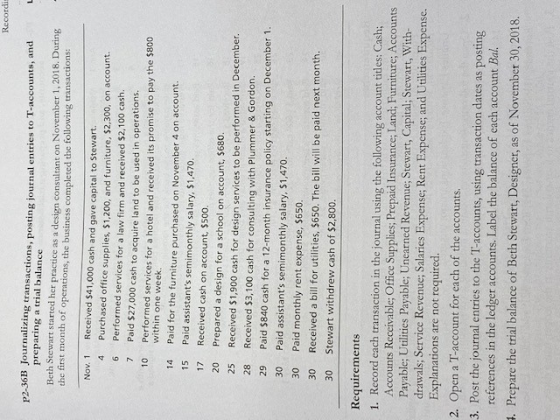 Recordi P2-36B Journalizing transactions, posting journal entries to T-accounts, and preparing a trial balance Beth Stewart s