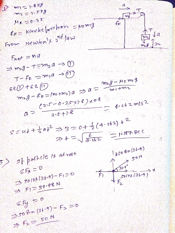 moli8 ry m2 = 2-sry Mx=0.35 fra kinetic friction - Memig from Newtons and law - Fret =ma s mag-t=m₂ a 0 T-fk = mia El Ot€200