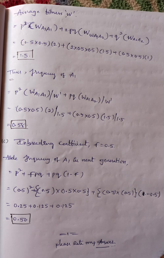 Average titness world - PAWAIAI) + 2pq (W wanas) + q* (WA2A2) (0.5X0.5) (2)+ (2x6.5x0.5)(15)+(0.5X05)(1) Та , учни е и =p² (