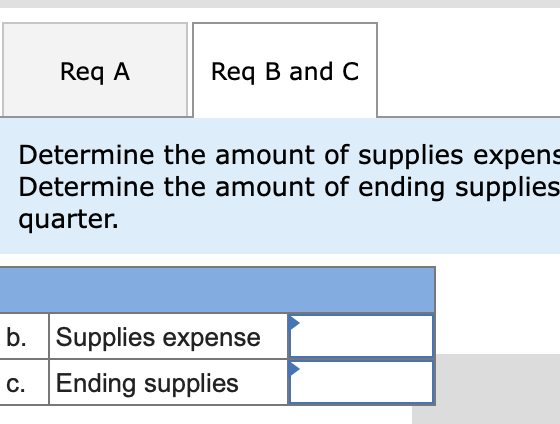 Req A Req B and C Determine the amount of supplies expens Determine the amount of ending supplies quarter. b. Supplies expens
