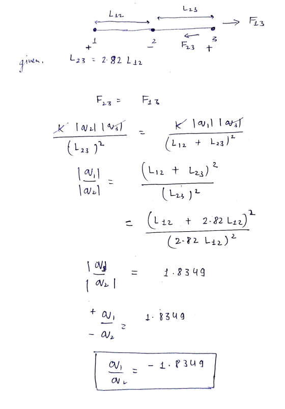 L23 Laz > F23 1 2 3 F23 + L23 = 2.82 L12 given. F23= F 3 = K lovil laual (212 + L23) 2 x 1921 1930 (123 12 101,1 love1 2 Liz