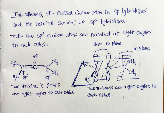 In allenes, the Central Carbon atom is Sp hybridized and the terminal carbons are sp2 hybridized. +The two Spa Carbon atoms a